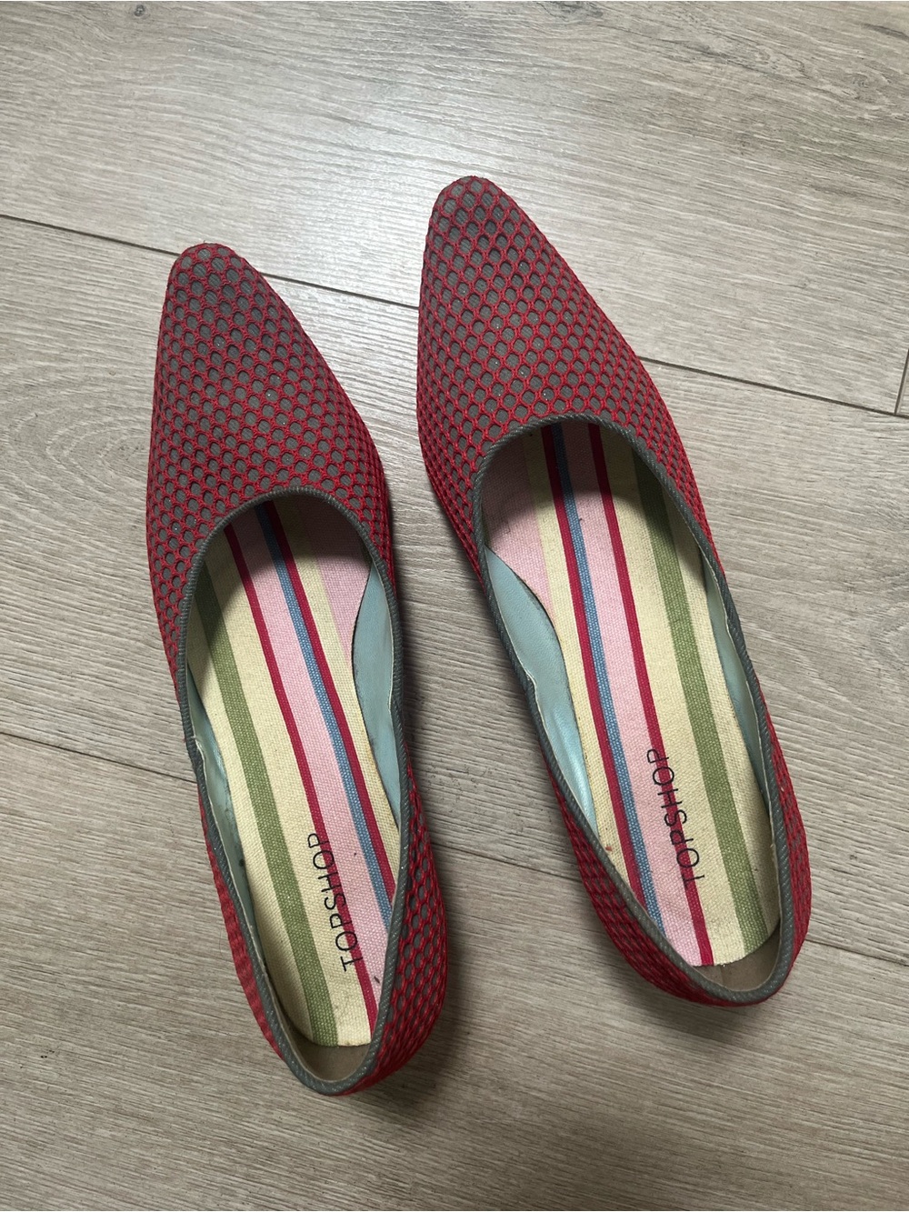 Topshop Red Mesh Pointed Kitten Heels with Striped Insoles
